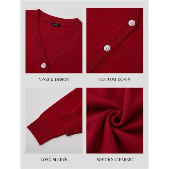 Women's red V Neck Long Sleeve Open Front Chunky Cardigan Fall Knitted - Picture 4 of 6